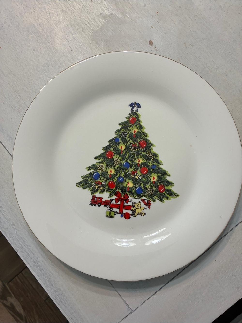 Classic White Holiday Tree Dinner Plate - Green & Red